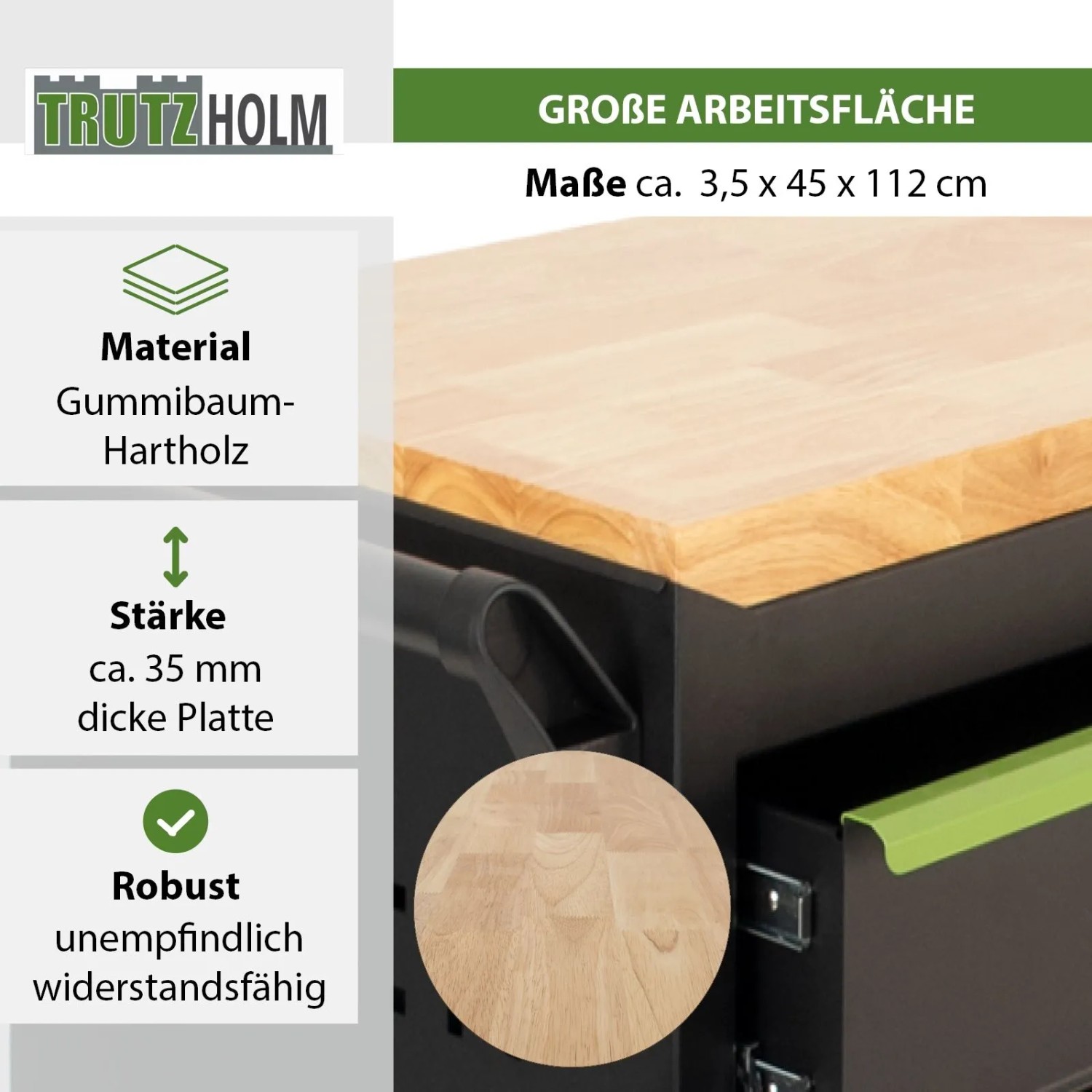 TRUTZHOLM Werkstattwagen Star XL, unbestückt, schwarz/grün mit Hartholz-Arbeitsplatte.