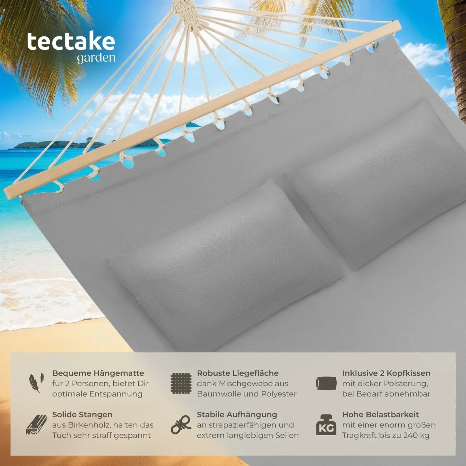 Tectake Hängematte Eden Mit Spreitzstäben  Für 2 Personen Strapazierfähiger Stoff  325 x 150 x 2 50 cm Hellgrau_2