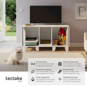 Weißer Tectake Katzenschrank Freya mit zwei Flügeltüren und Verstecken für Katzenklos.