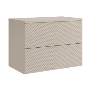 Beiger Vente-unique Dorioni Waschbeckenunterschrank, 80 cm, mit 2 Schubladen, Chevron-Muster und goldenen Griffen.