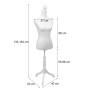 Weiße weibliche Schneiderpuppe mit Schaumstofftorso, abnehmbarem Bezug und höhenverstellbarem Holzstand. Maße sichtbar.