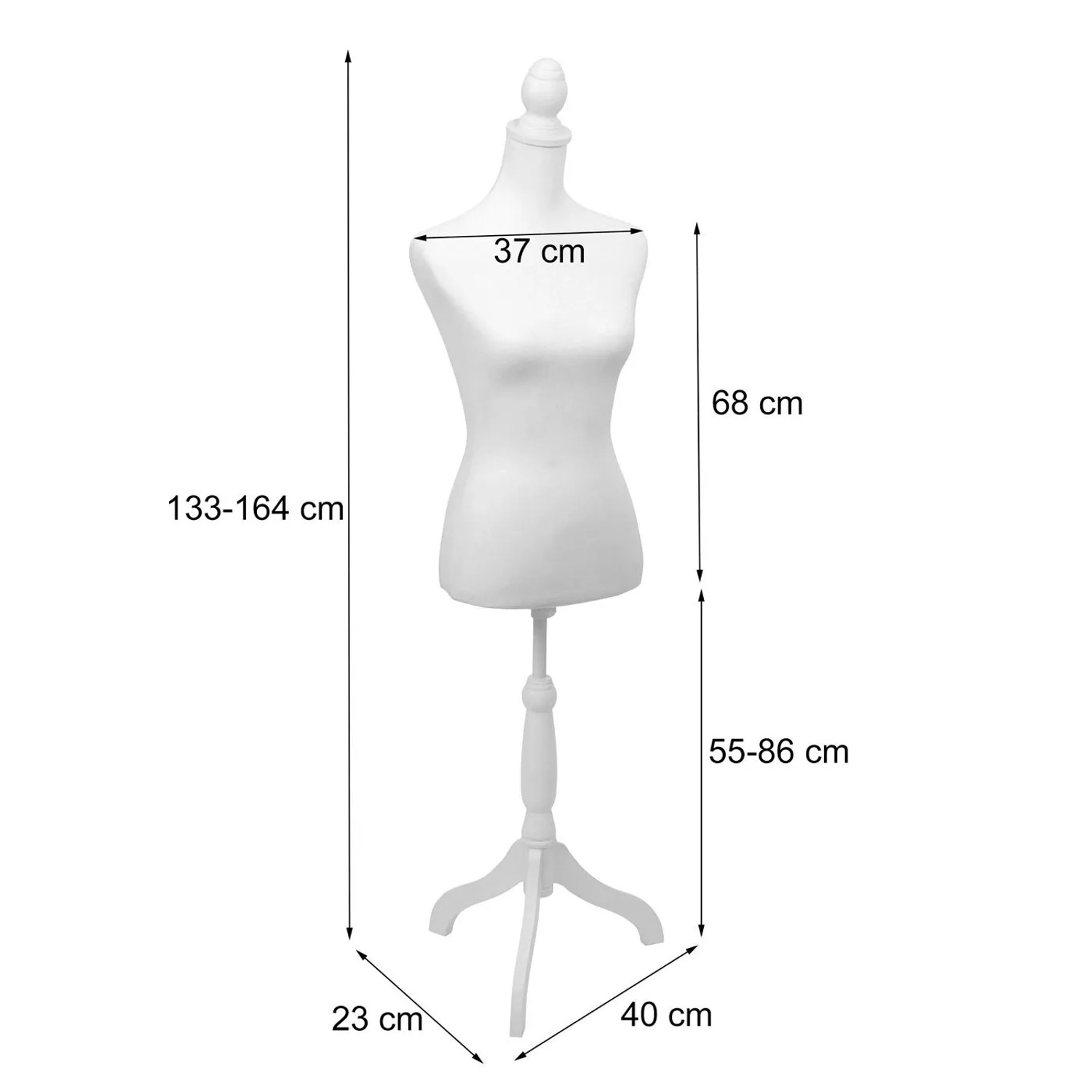 Weiße weibliche Schneiderpuppe mit Schaumstofftorso, abnehmbarem Bezug und höhenverstellbarem Holzstand. Maße sichtbar.