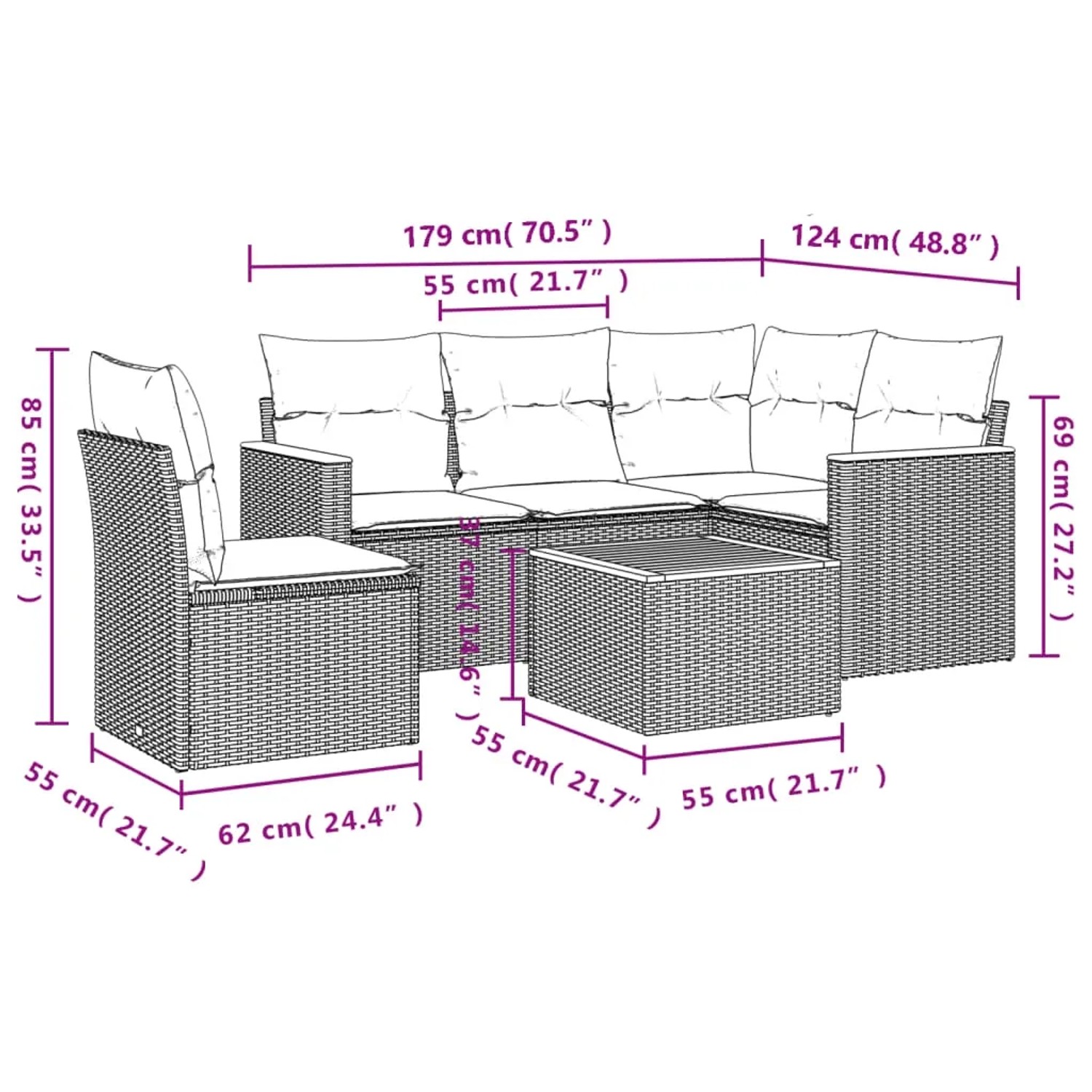 Schwarze 6-tlg. vidaXL Garten-Sofagarnitur aus Polyrattan mit Kissen. Gartenmöbel für Terrasse und Garten.