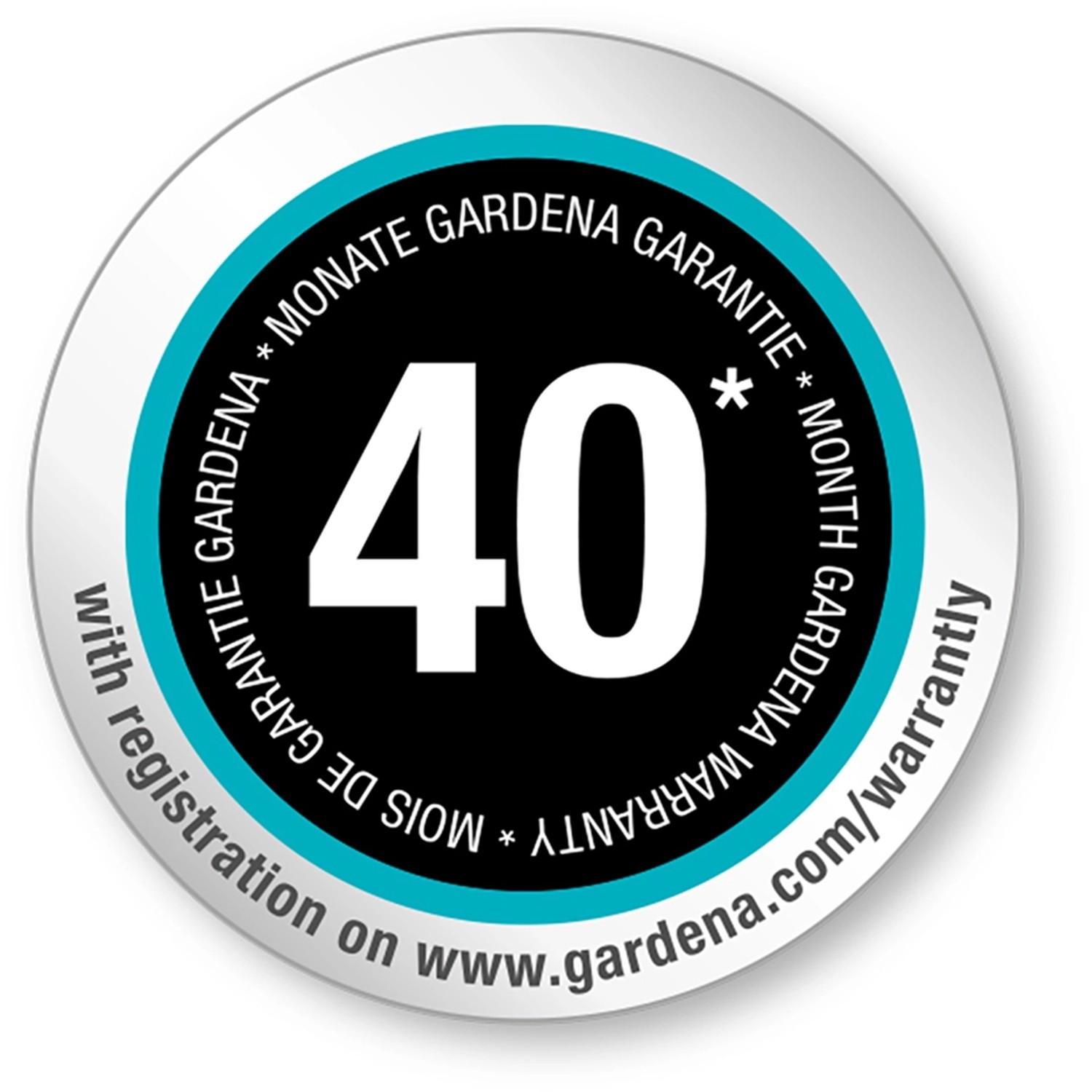 Gardena Garantie-Aufkleber: 40 Monate Garantie nach Registrierung.