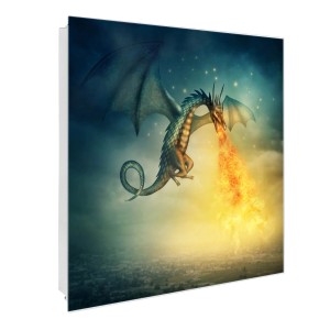 Weißer Schlüsselkasten mit Drachen Motiv, Magnettafel und 50 Haken. Beschreibbare Glastür.