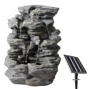 Grauer Brunnen in Steinoptik mit Solarpanel (44 cm) für den Garten.