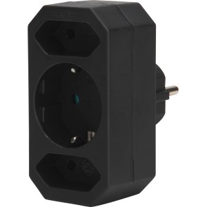 Schwarzer 3-fach Übergangsstecker für den Innenbereich, Zwischenstecker für mehr Anschlüsse.