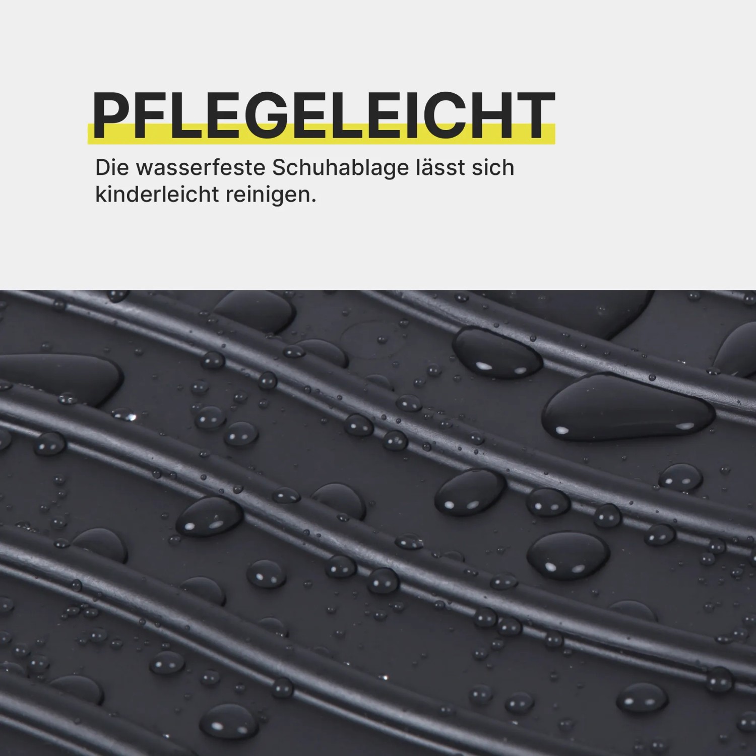 Detailaufnahme: Graue Schuhabtropfschale mit Noppenstruktur und Wassertropfen.