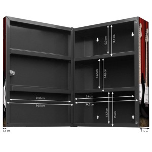 XXL Medizinschrank, anthrazitfarben, mit Gitarrenmotiv, offen, Maße eingezeichnet.