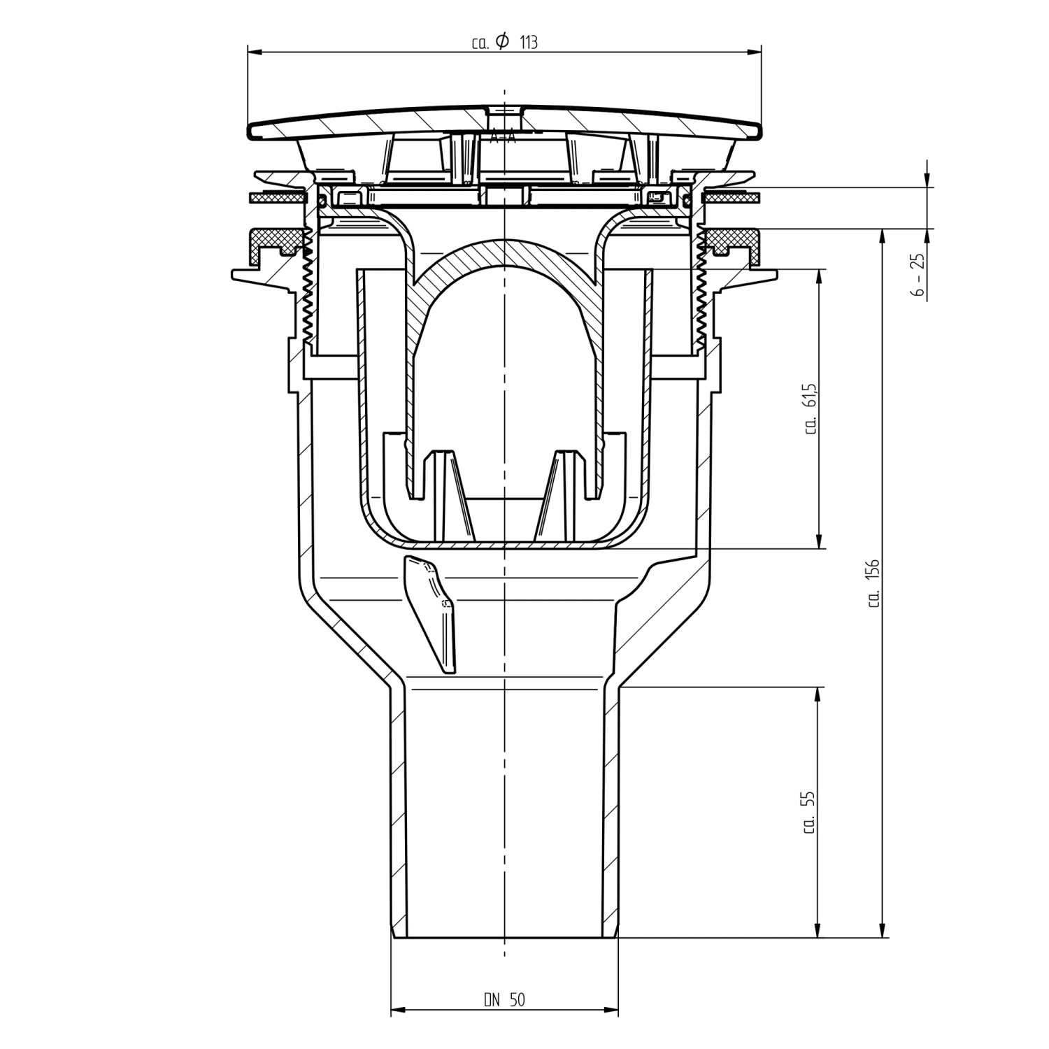 Technische Zeichnung: Schulte Ablauf senkrecht für extra-flache Duschwanne, Siphon mit Maßen.