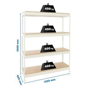 Weißes PROREGAL Schwerlastregal Big Wood Yeti mit 4 Böden, belastbar mit Gewichten bis 400 kg.