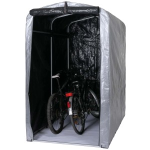 Silberne MCW Fahrradgarage N61 201x121x201cm mit zwei Fahrrädern darin.
