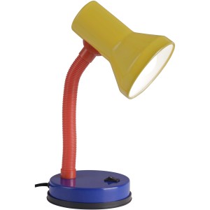 Bunte Tischleuchte mit gelbem Lampenschirm, rotem Flexarm und blauem Fuß. Schreibtischlampe für Kinder.