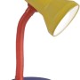 Bunte Tischleuchte mit gelbem Lampenschirm, rotem Flexarm und blauem Fuß. Schreibtischlampe für Kinder.