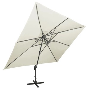 Sandfarbener vidaXL Ampelschirm mit Doppeldach, 400x300 cm, von unten fotografiert.