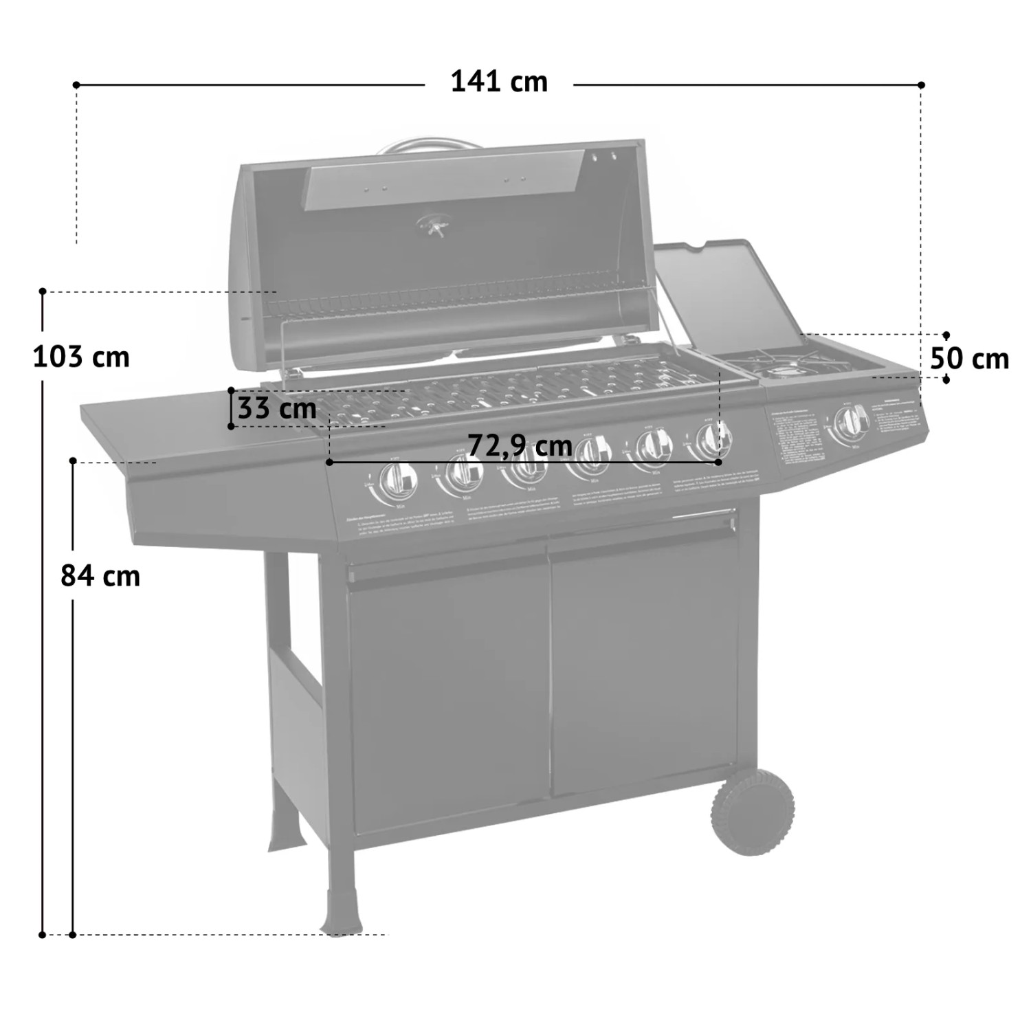 Taino Basic 6+1 Gasgrill BBQ Grillwagen mit Seitenkocher und Edelstahl Brennern.