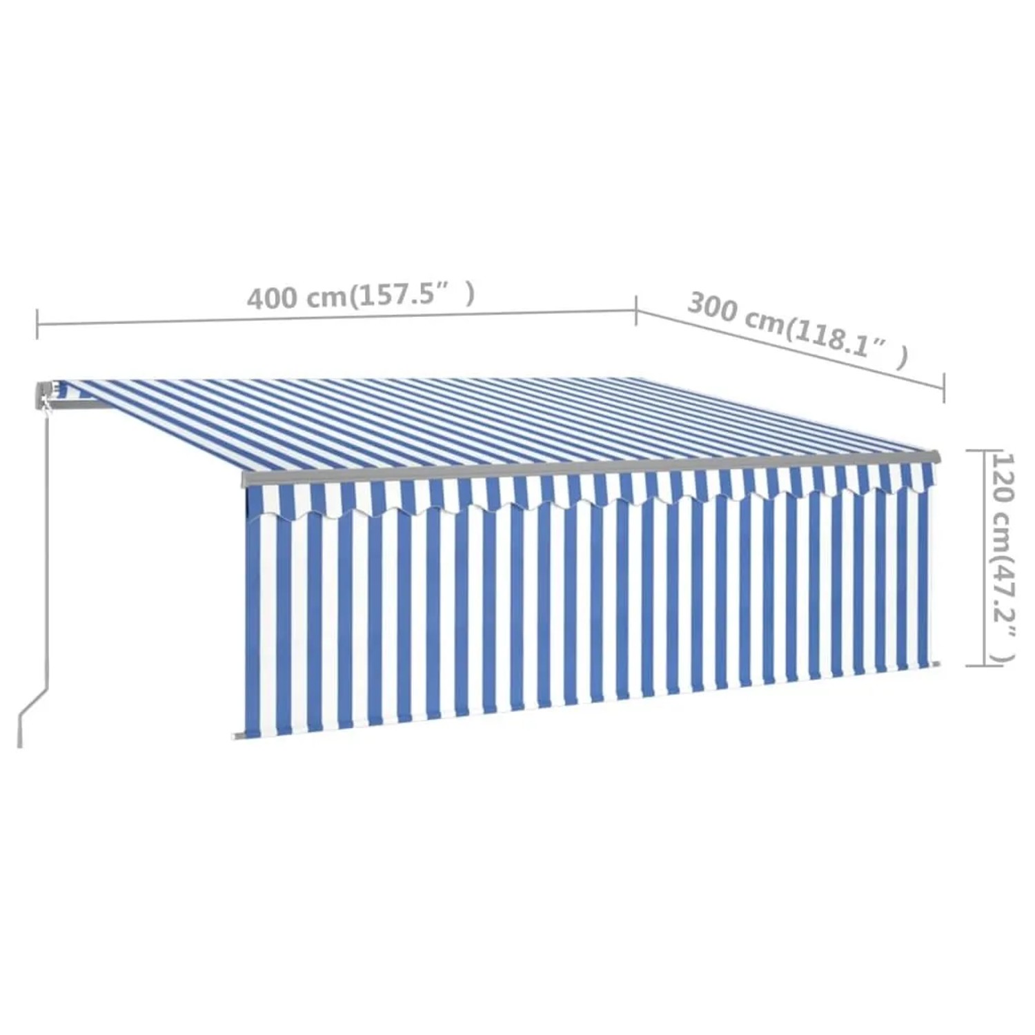 vidaXL Markise, manuell einziehbar, 4x3 m, blau-weiß gestreift mit Rollo.