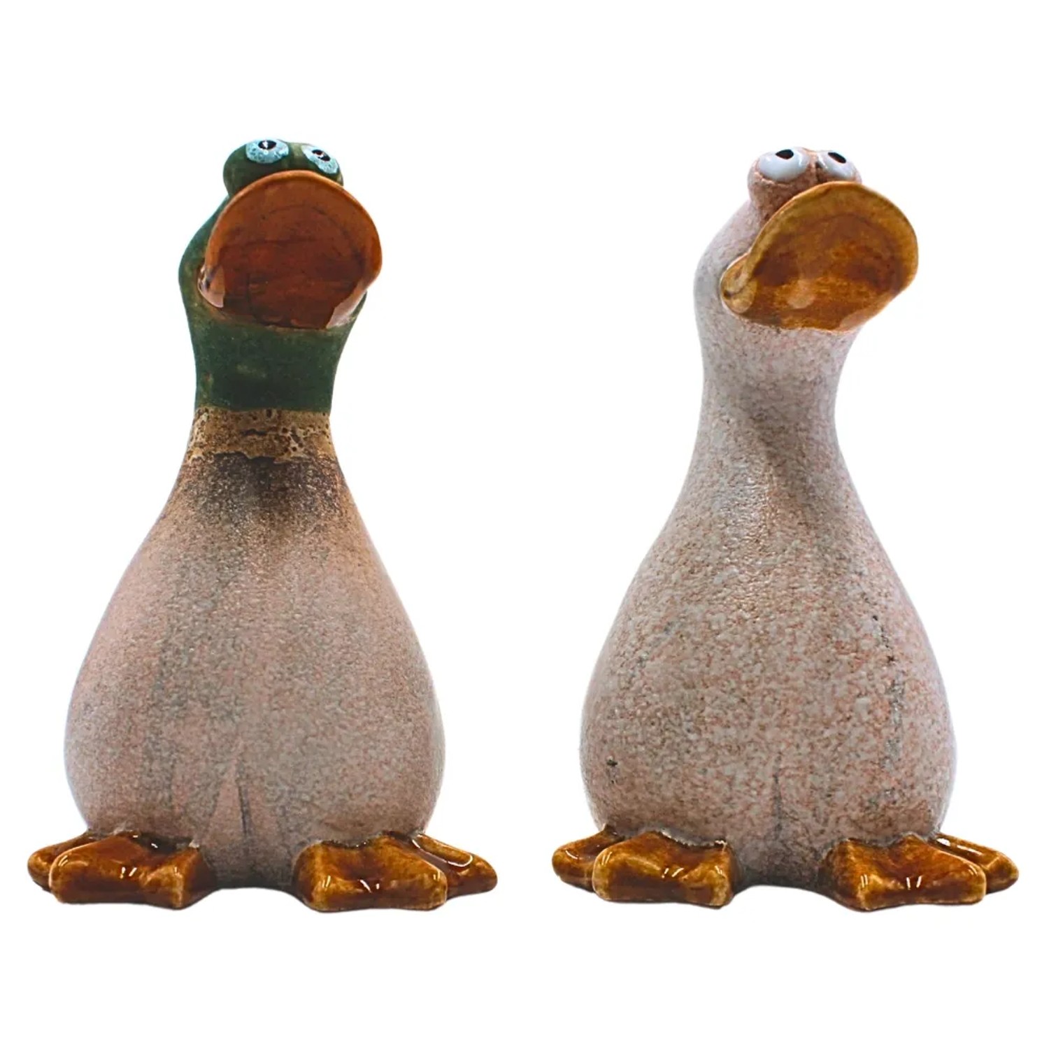 Dekohelden24 2er Set Dekofiguren Ente Deko Enten Entenfiguren aus Steingut in einem Braunton Größe einer Gartenfigur L/B/H 9 x 10 x 15 cm