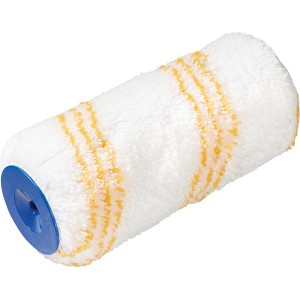 LUX Dispersionswalze 18 cm Rau, Farbwalze mit gelben Streifen und blauem Ende.
