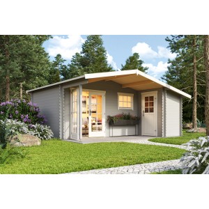 Lichtgraues Lasita Maja Gartenhaus Little Rock mit überdachter Terrasse im Garten.