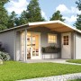 Lichtgraues Lasita Maja Gartenhaus Little Rock mit überdachter Terrasse im Garten.