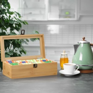 Relaxdays Teebox Bambus Kunststoff Metall Natur Staubgeschützt Herausnehmbar 10 Fächer mit Sichtfenster 10 cm x 29,5 cm x 17 cm 1 kg