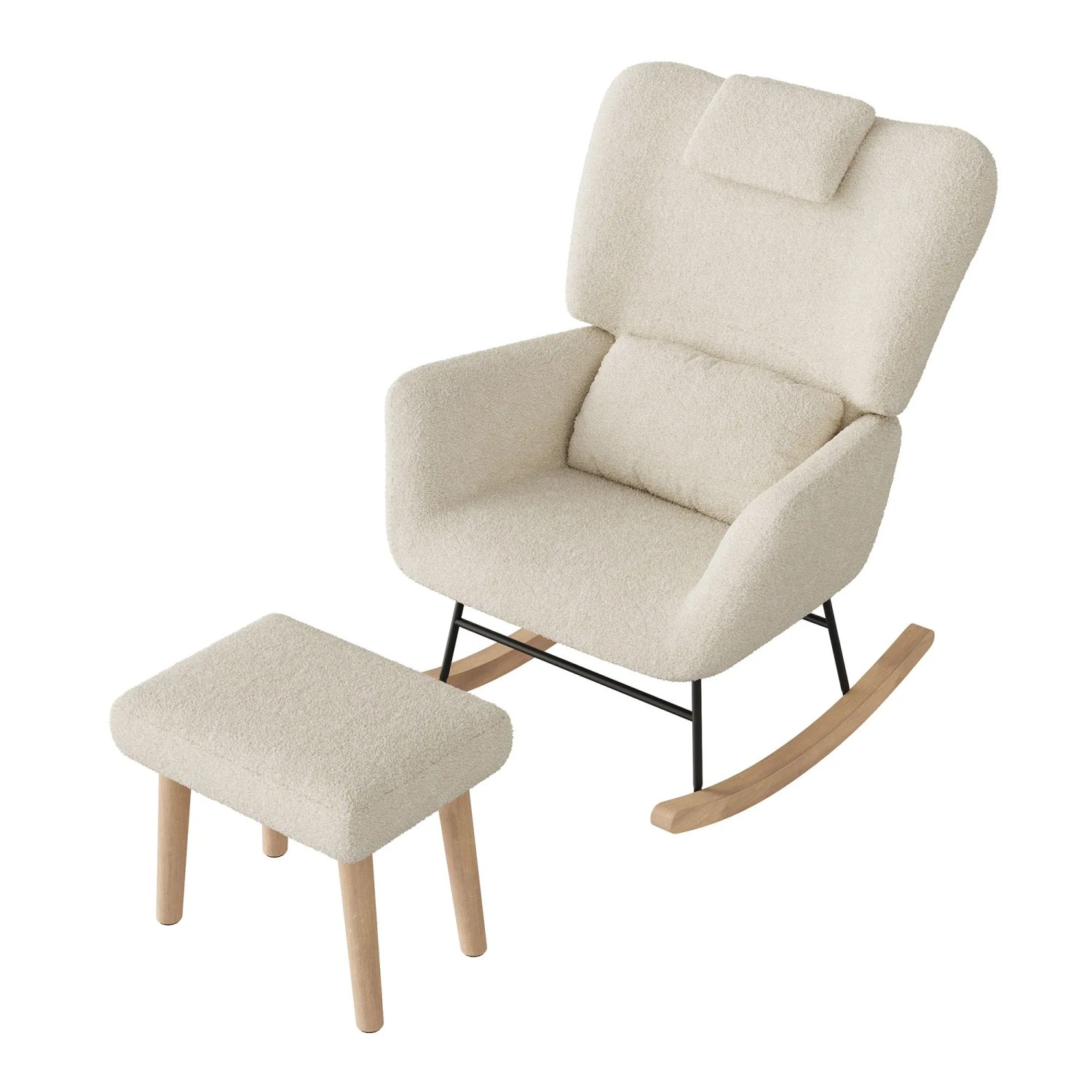 PXloue Schaukelsessel Schaukelstühle mit Hocker und Kissen Fleece Beige