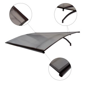Gebogenes STARKEDACH Vordach mit Aluminiumrahmen, braun (RAL 8017) und Polycarbonatbeschichtung.