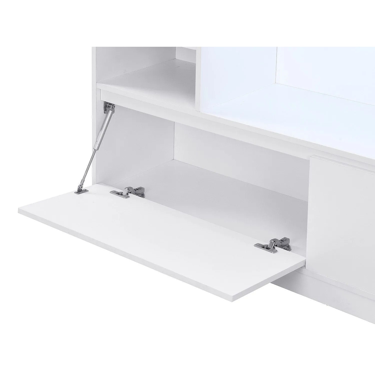 Weißer Vente-unique Schuhschrank Lovila, Detail der geöffneten Tür mit Gasdruckfeder. Schuhkommode aus MDF.