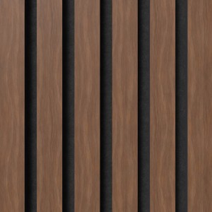 Akustikpaneel Muster Walnuss, unbehandelt, mit schwarzem Filz. Holzpaneel für Wand- und Deckenverkleidung.