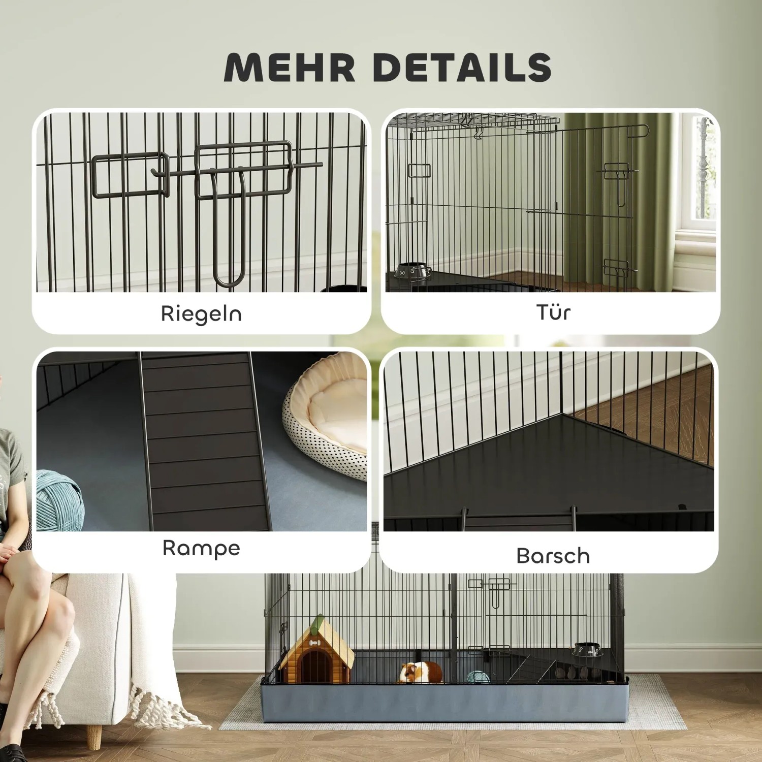 Details des PawHut Kleintierkäfigs: Riegel, Tür, Rampe und Sitzstange im schwarzen Stahl.