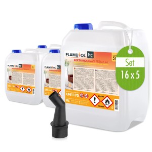 Set: 8 Kanister Flambiol Bioethanol 96,6% Premium (je 5l) für Ethanol-Brenner & Kamine + Ausgießer.