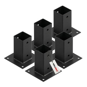 5 schwarze HOLLMAX Pfostenträger für 71mm Vierkantpfosten, pulverbeschichtet, für feste Untergründe.