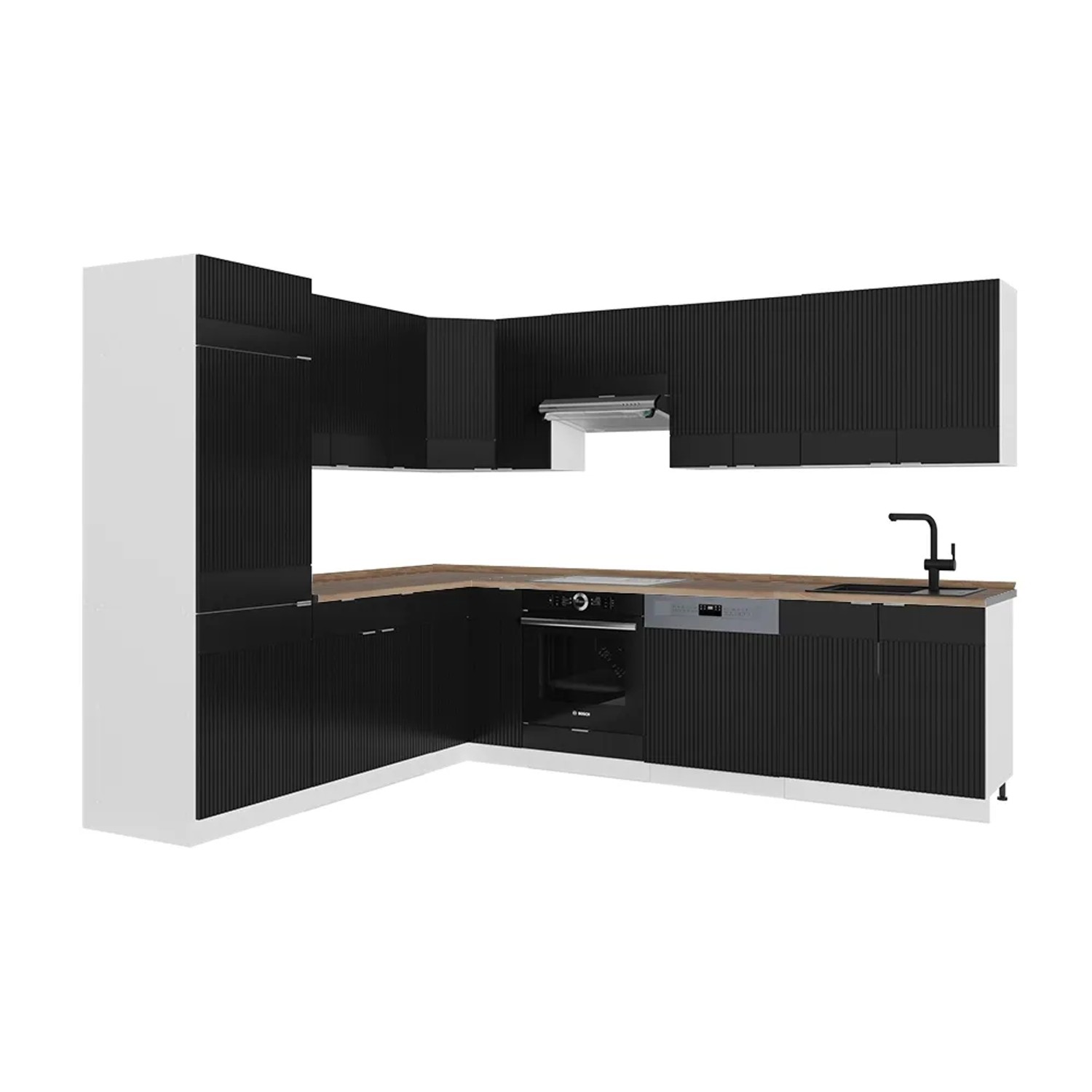 Vicco Fame-Line Eckküche Schwarz gestreift/Weiß 227 x 287 cm AP Eiche ohne E-Geräte