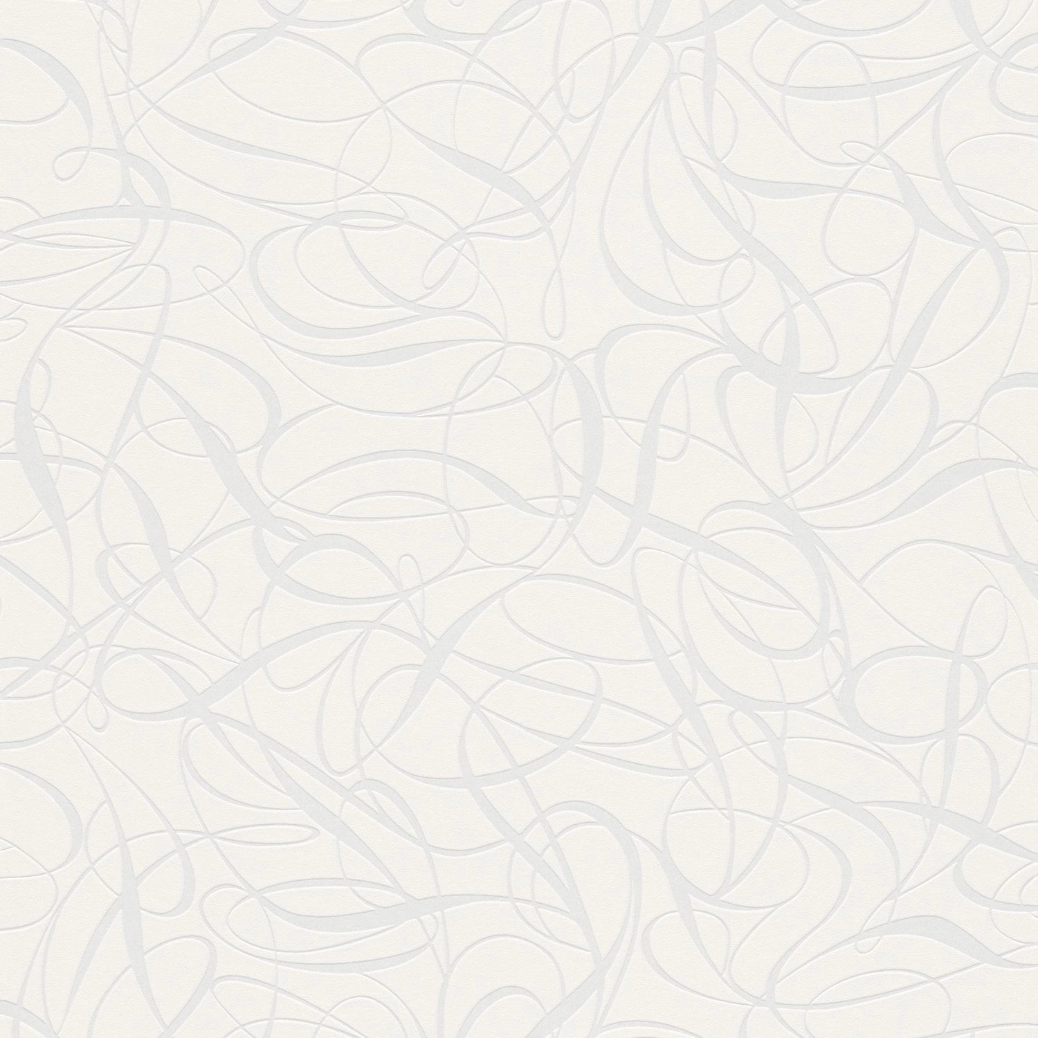 Weiße Vliestapete mit geschwungenen, silbernen Linien für Wohnräume.