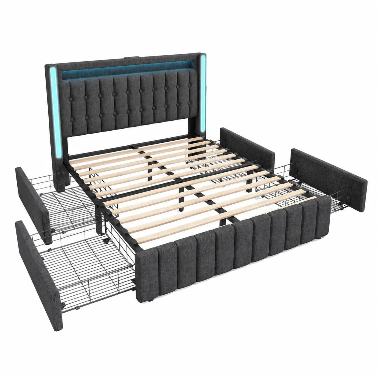 okwish Jugendbett 140x200cm mit USB LED Schubladen Bettgestell Grau mit Matratze