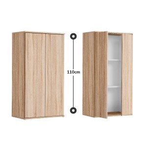 Mokebo Midischrank in Braun, ein schmaler Büroschrank/Mehrzweckschrank mit zwei Einlegeböden, Ansicht geschlossen und geöffnet.