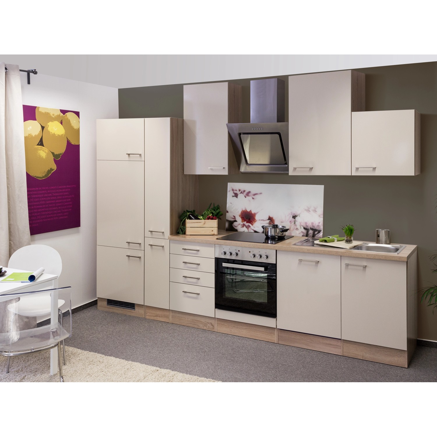 Flex-Well Exclusiv Küchenzeile/Küchenblock Orlando 310 cm Kaschmir Glanz-Sonoma Eiche