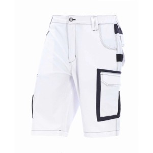 Weiße Eliworx Workwear Shorts mit schwarzen Akzenten, praktischen Werkzeug- und Stifttaschen. Robuste Arbeitskleidung.