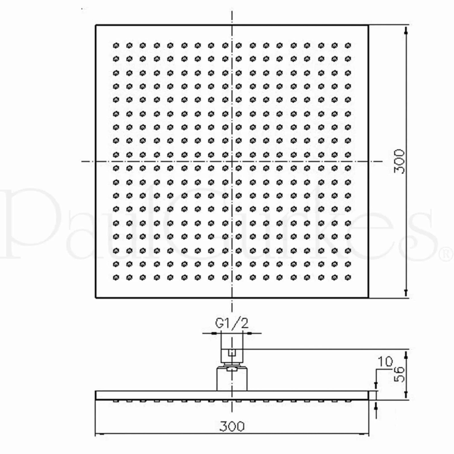 Technische Zeichnung: PaulGurkes Duschsystem mit Regendusche, Maße und Anschlüsse dargestellt.