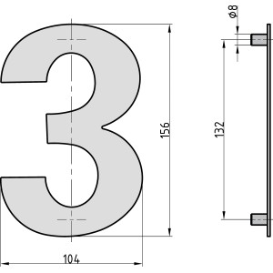 Technische Zeichnung der Hausnummer 3 von Basi, Stahl Anthrazit, Maße 156 x 104 mm.