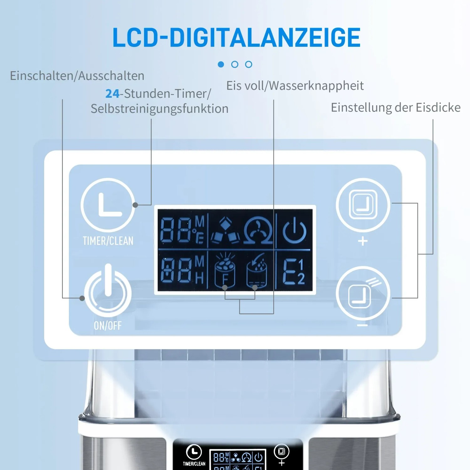 Detailansicht der HOMCOM Eiswürfelmaschine mit digitaler Anzeige für Timer, Reinigung und Eisdicke.