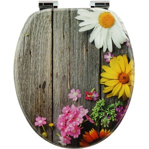 Sanfino WC-Sitz Alp Meadow mit Holz-Optik und Blumenmuster, Toilettendeckel mit Absenkautomatik.