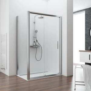 Schulte Gleittür Kristall/Trend, 120 cm, Echtglas klar hell, mit Chrom-Profil in Badezimmer.