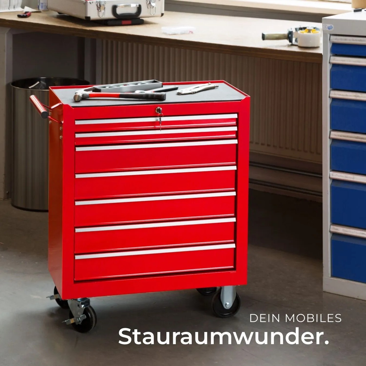 Tectake Werkzeugwagen  7 Kugelgelagerte Schubladen Mit Antirutschmatten Belastbarkeit 150 kg  69 x 33 x 79 cm Rot_7