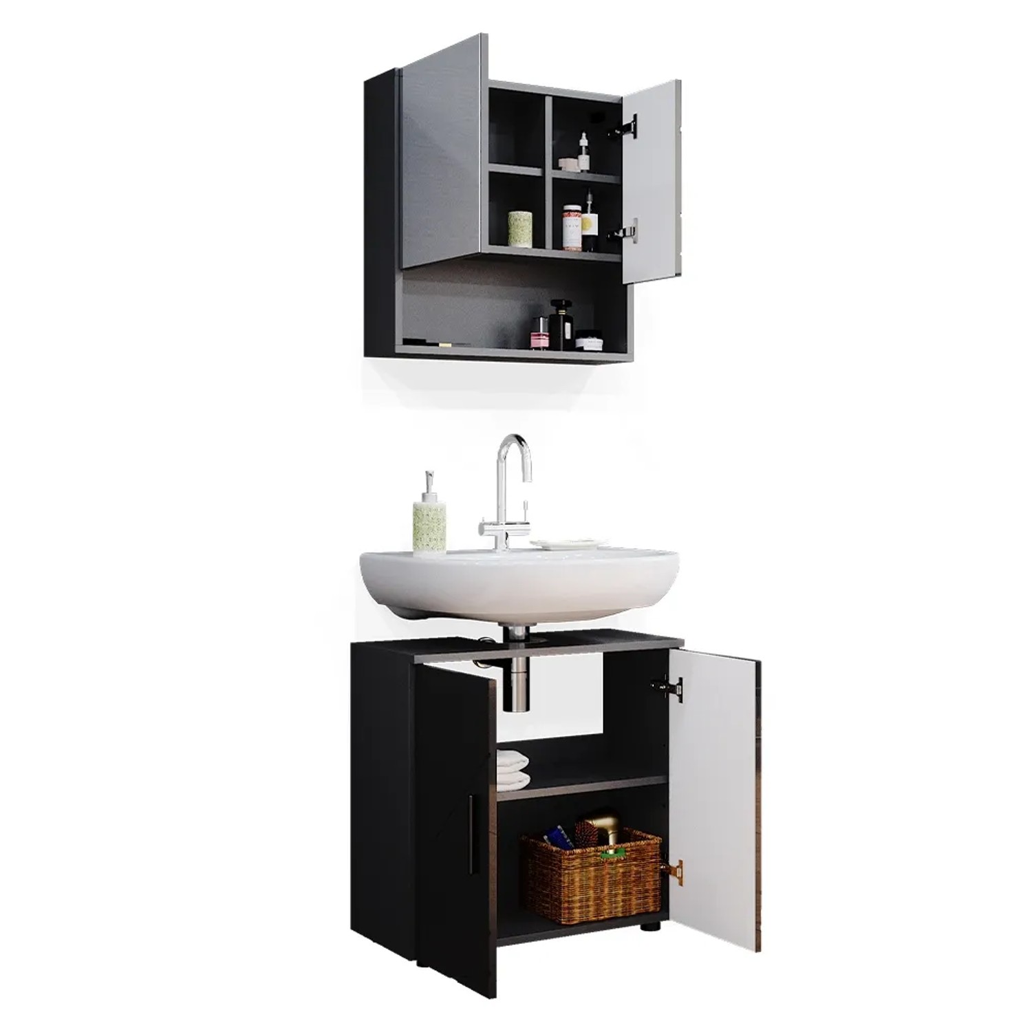 Vicco Badmöbel Set Irma, anthrazit hochglanz, 2-teilig mit Unterschrank (60cm) und Spiegelschrank.