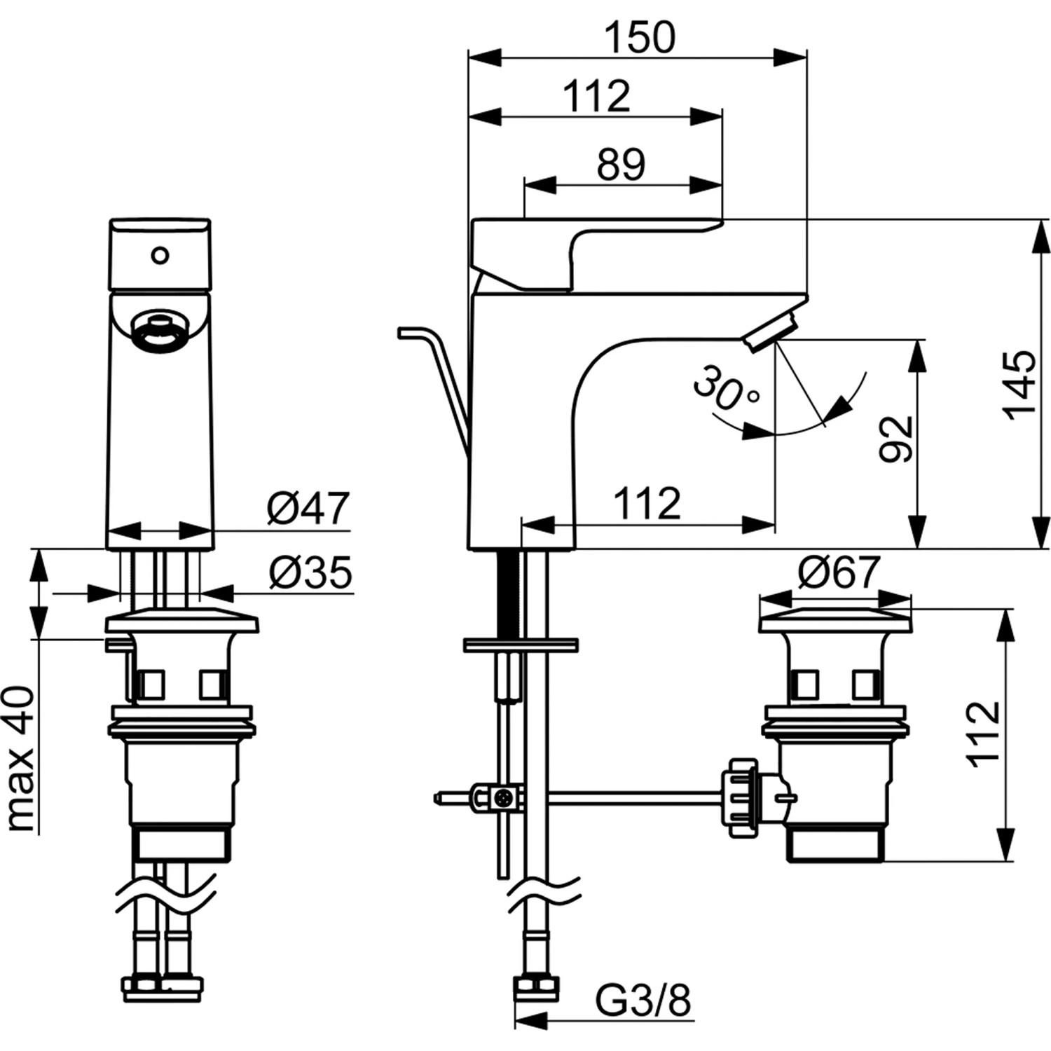 Technische Zeichnung Hansa Waschtischbatterie Basic XL 5550 Chrom mit Maßangaben.
