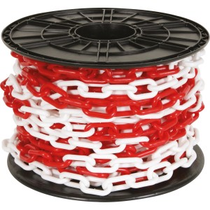 Rot-weiße Perel Absperrkette aus Kunststoff, 8 mm, 25 m Rolle.