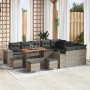 Graues 13-tlg. vidaXL Garten-Sofa-Set aus Poly Rattan mit höhenverstellbarem Tisch und Hockern.
