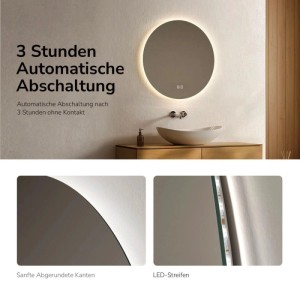 Runder, rahmenloser LED Badspiegel (50cm) mit 3 Lichtfarben und Touchschalter im Badezimmer.